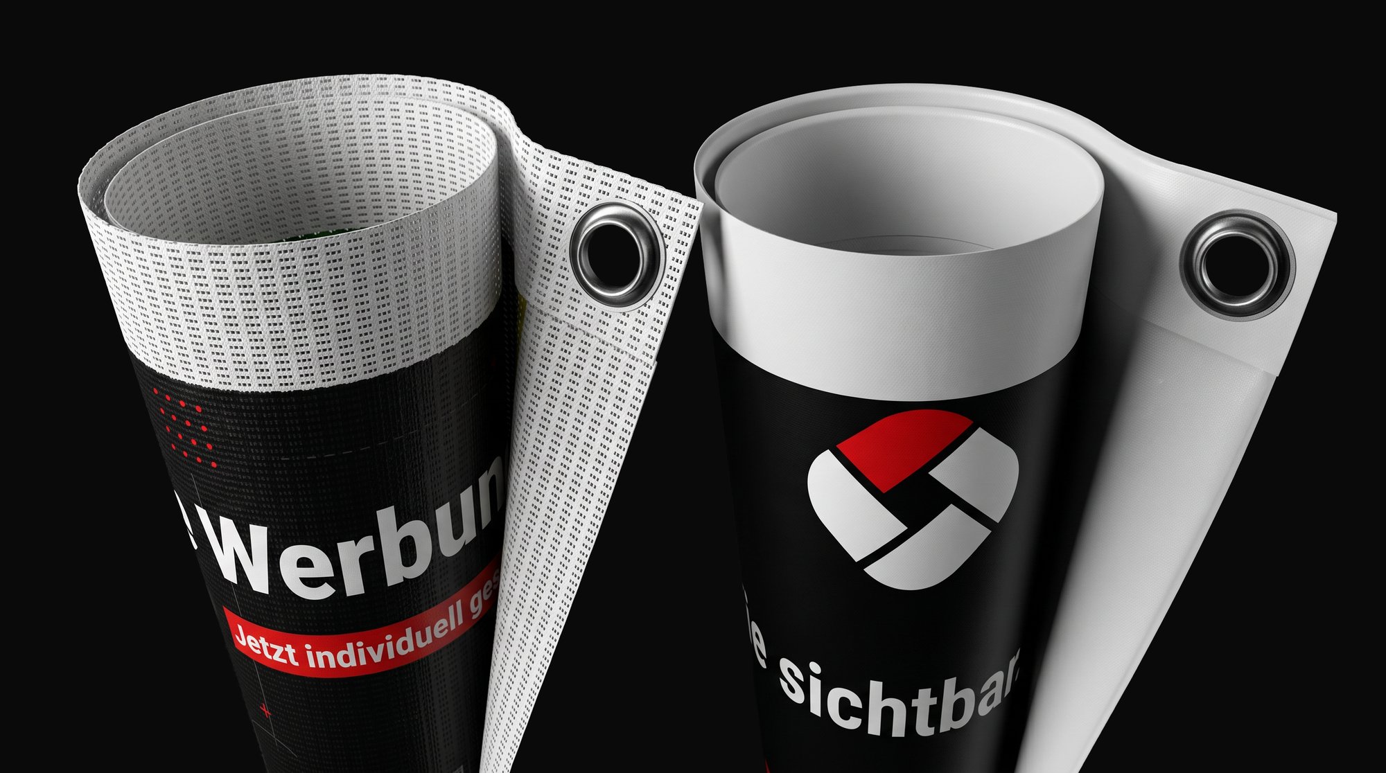 Vergleich Mesh-Banner und Frontlit-Banner: Mesh mit luftdurchlässigem Gittergewebe, Frontlit mit geschlossener Oberfläche